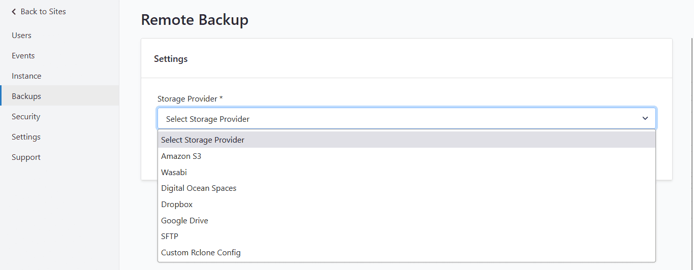 CloudPanel Admin Area Backups Tab