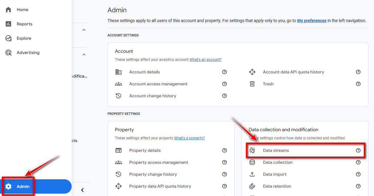 Google Analytics 4, Admin and Data Streams Setting Tab