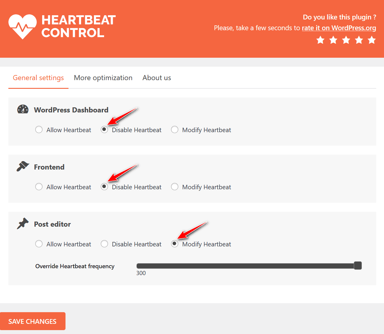 Heartbeat Control plugin settings page