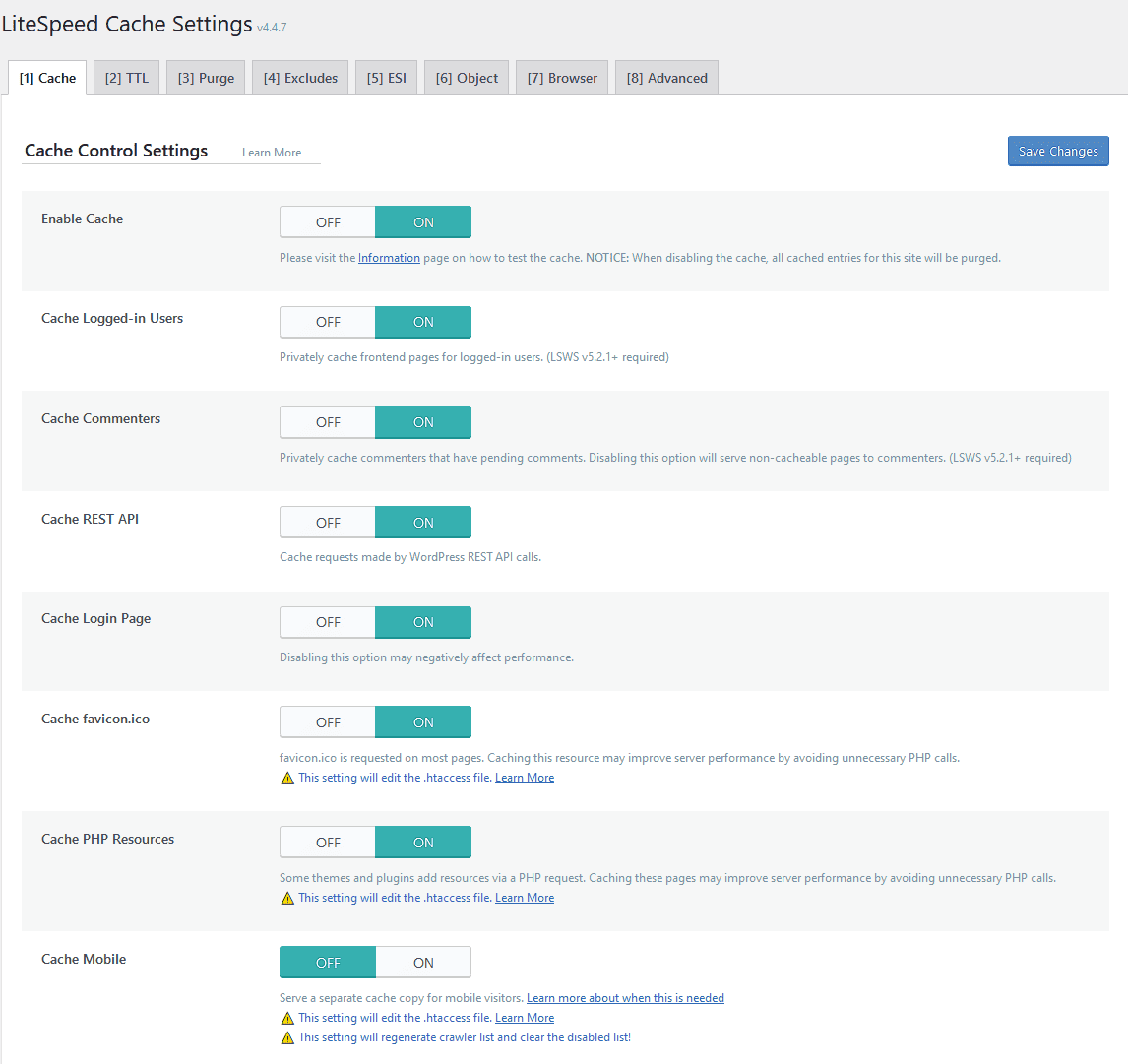 LiteSpeed Cache Default Setting Mode