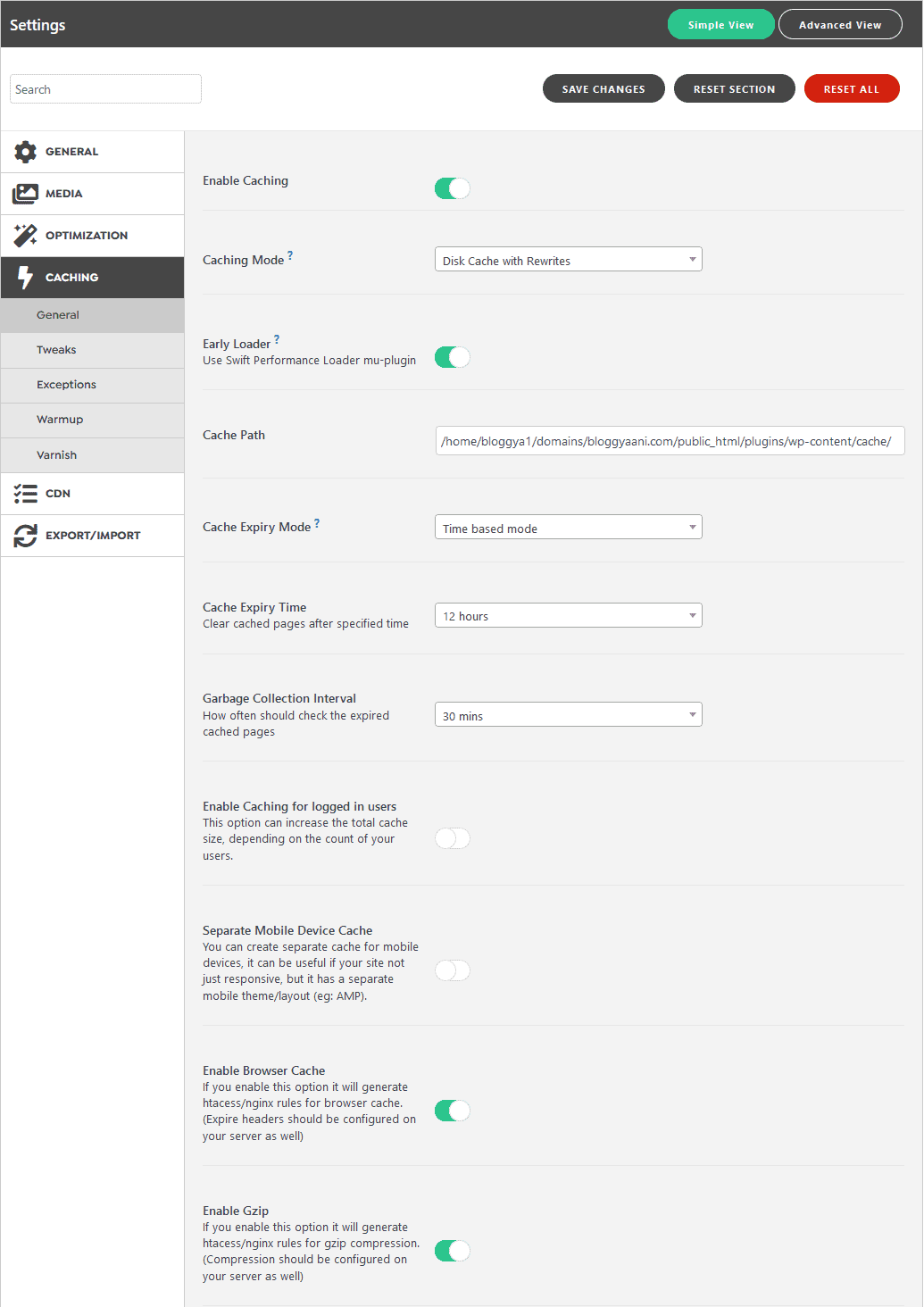 Swift Performance Lite Setting