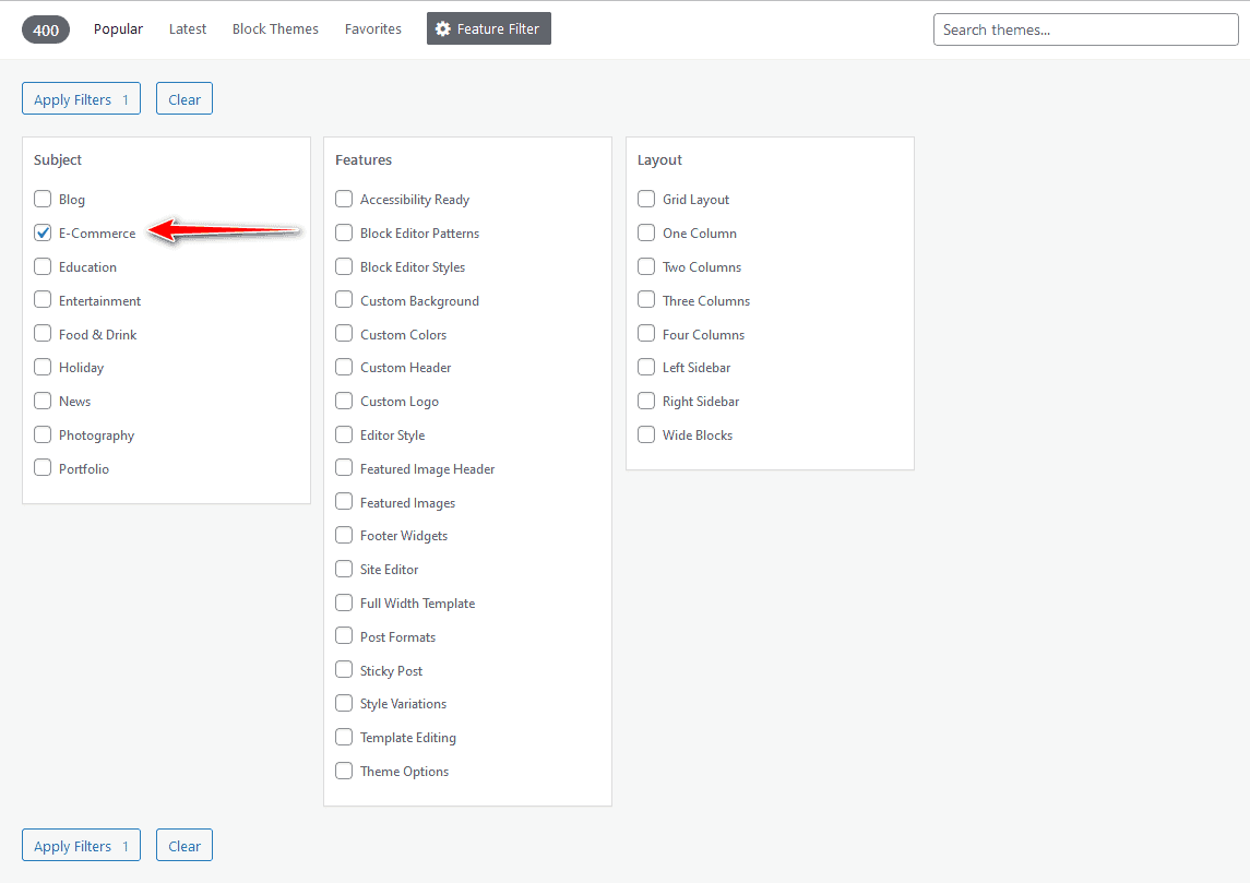 WordPress theme directory, WooCommerce features Filter