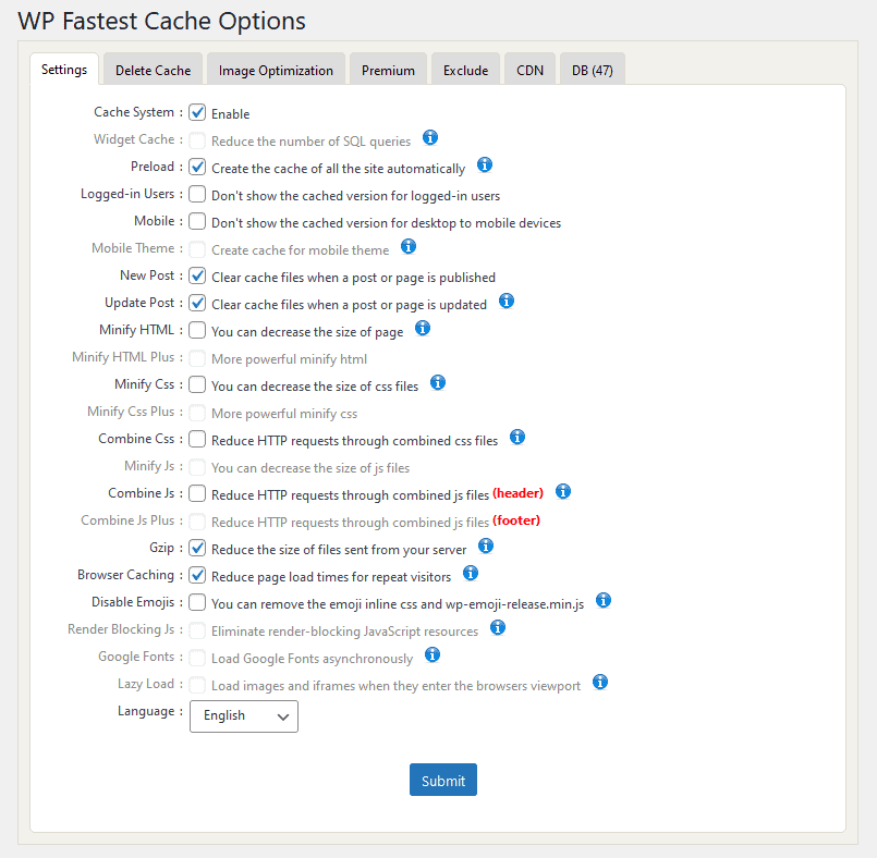 WP Fastest Cache Setting