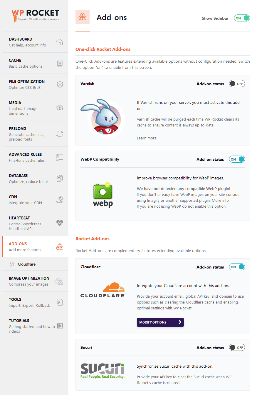 WP Rocket addons Tab Settings