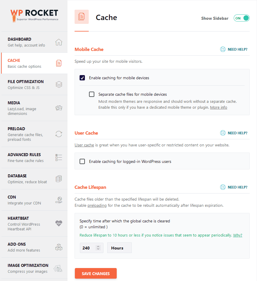 WP Rocket Cache Tab Settigs