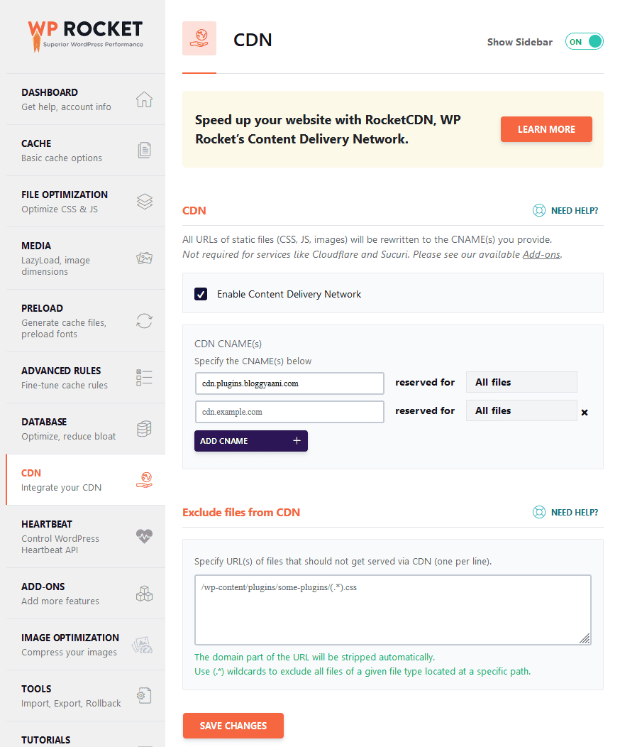 WP Rocket CDN Integration Tab Settings