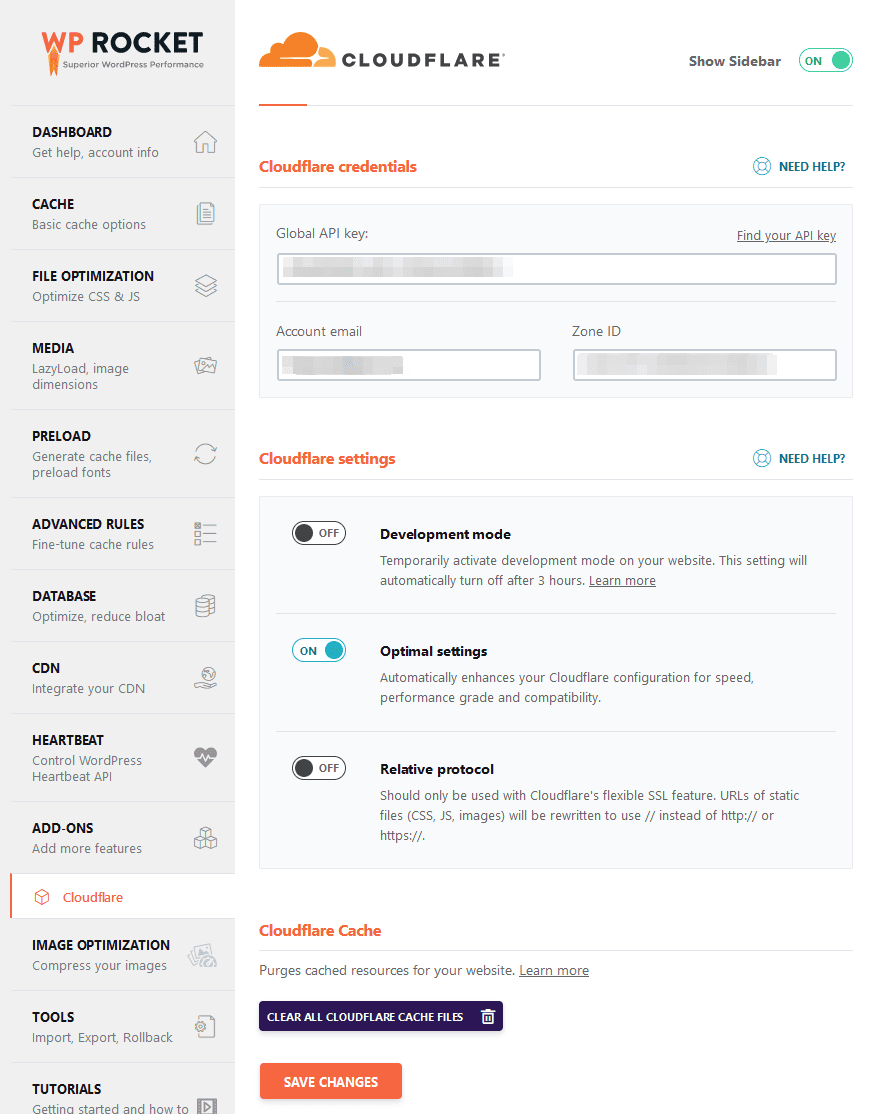 WP Rocket Cloudflare Addons Tab Settings