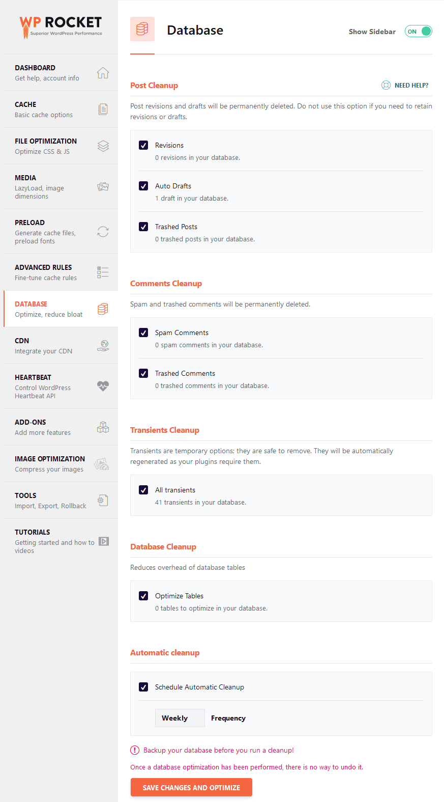 WP Rocket Database Tab Settings