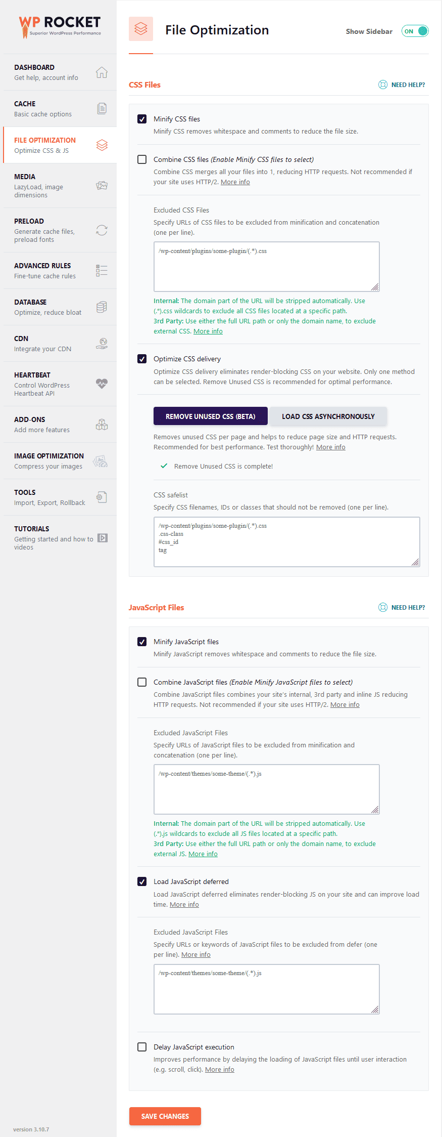 WP Rocket File Optimization Tab Setting
