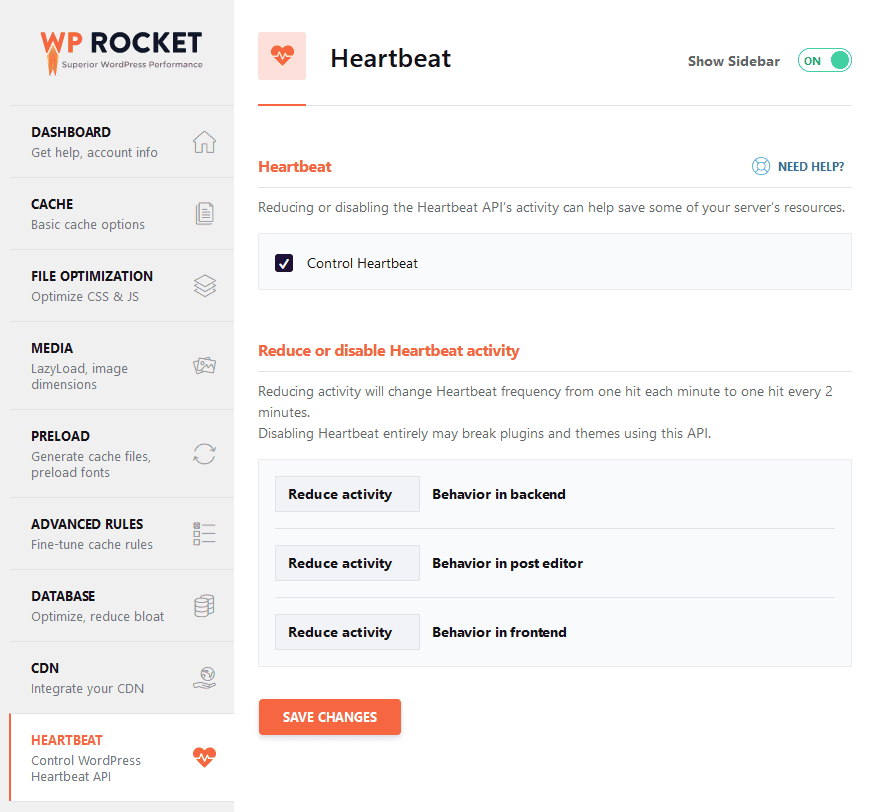 WP Rocket Heartbeat Tab Settings