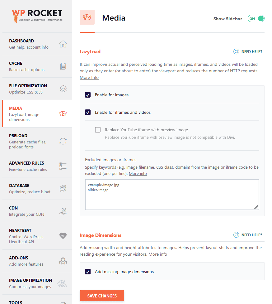 WP Rocket Media Tab Settings