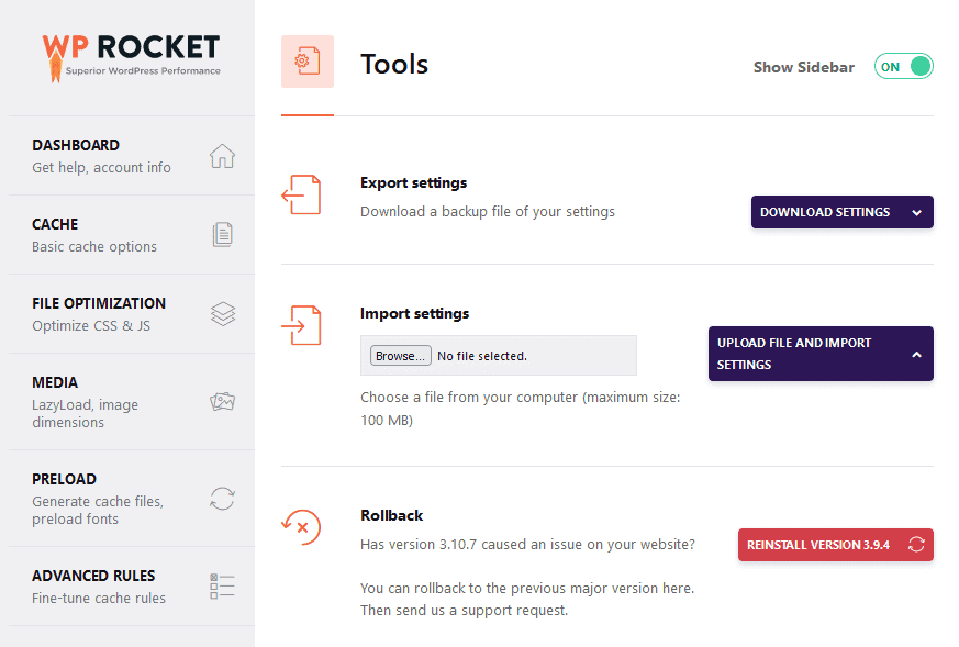 WP Rocket Tools Tab Settings
